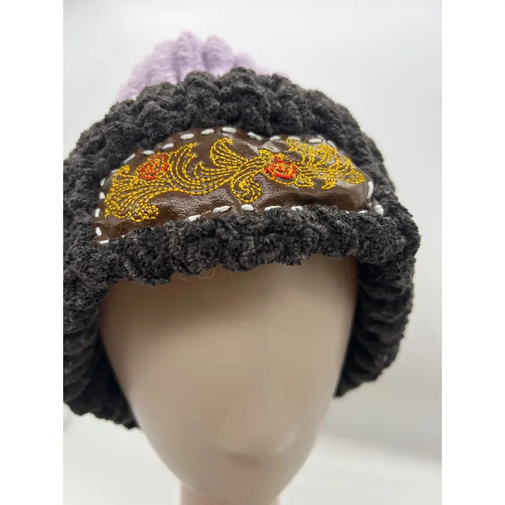 Chunky Chenille Knit Bohemian Embroidered Logo Ski Cap Beanie Hat Purple Large - Picture 2 of 7
